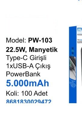 ACL PW-103 Powerbank - 22.5W, Manyetik Type-C Girişli 1xUSB-A Çıkış 5.000mAh