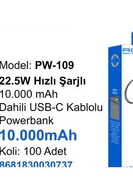 ACL PW-109 Powerbank - 22.5W Hızlı Şarjlı 10.000 mAh Dahili USB-C Kablolu 10.000mAh