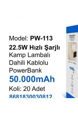ACL PW-113 Powerbank - 22.5W Hızlı Şarjlı Kamp Lambalı Dahili Kablolu 50.000mAh