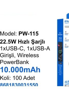 ACL PW-115 Powerbank - 22.5W Hızlı Şarjlı 1xUSB-C, 1xUSB-A Girişli, Wireless 10.000mAh