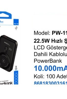 ACL PW-116 Powerbank - 22.5W Hızlı Şarjlı LCD Göstergeli Dahili Kablolu 10.000mAh