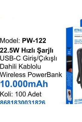 ACL PW-122 Powerbank - 22.5W Hızlı Şarjlı USB-C Giriş/Çıkışlı Dahili Kablolu Wireless PowerBank 10.000mAh