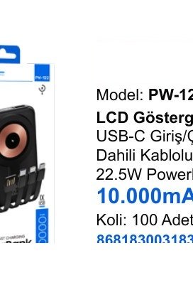 ACL PW-123 Powerbank - LCD Göstergeli USB-C Giriş/Çıkışlı Dahili Kablolu 22.5W PowerBank 10.000mAh