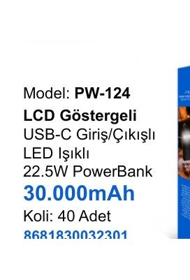 ACL PW-124 Powerbank - LCD Göstergeli USB-C Giriş/Çıkışlı LED Işıklı 22.5W PowerBank 30.000mAh