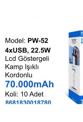 ACL PW-52 Powerbank - 4xUSB, 22.5W Lcd Göstergeli Kamp Işıklı Kordonlu 70.000mAh