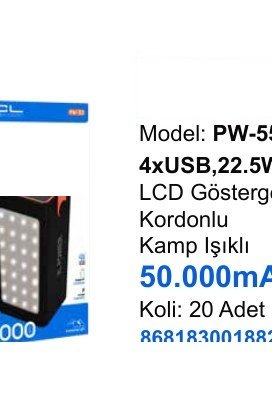 ACL PW-55 Powerbank - 4xUSB,22.5W LCD Göstergeli Kordonlu Kamp Işıklı 50.000mAh