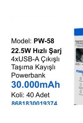 ACL PW-58 Powerbank - 22.5W Hızlı Şarj 4xUSB-A Çıkışlı Taşıma Kayışlı 30.000mAh