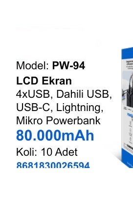 ACL PW-94 Powerbank - LCD Ekran 4xUSB, Dahili USB, USB-C, Lightning, Mikro Powerbank 80.000mAh
