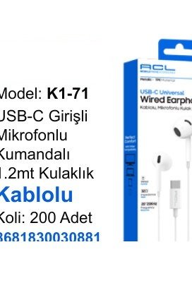 ACL K1-71 Kulaklıklar - USB-C Girişli Mikrofonlu Kumandalı 1.2mt Kulaklık Kablolu
