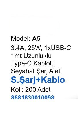 ACL A5 Seyahat ve Duvar Şarj Aletleri - 3.4A, 25W, 1xUSB-C 1mt Uzunluklu Type-C Kablolu Seyahat Şarj Aleti S.Şarj+Kablo