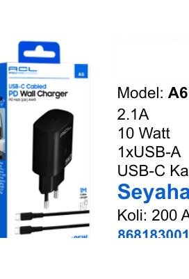 ACL A6 Seyahat ve Duvar Şarj Aletleri - 2.1A 10 Watt 1xUSB-A USB-C Kablo Seyahat Şarj