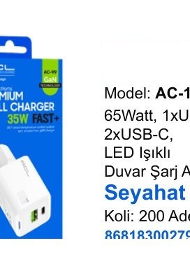 ACL AC-100 Seyahat ve Duvar Şarj Aletleri - 65Watt, 1xUSB-A 2xUSB-C, LED Işıklı Duvar Şarj Aleti Seyahat Şarj