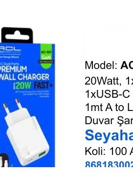 ACL AC-102 Seyahat ve Duvar Şarj Aletleri - 20Watt, 1xUSB-A 1xUSB-C Çıkışlı 1mt A to Lightning Duvar Şarj Aleti Seyahat Şarj