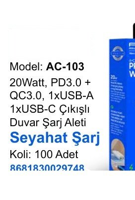 ACL AC-103 Seyahat ve Duvar Şarj Aletleri - 20Watt, PD3.0 + QC3.0, 1xUSB-A 1xUSB-C Çıkışlı Duvar Şarj Aleti Seyahat Şarj