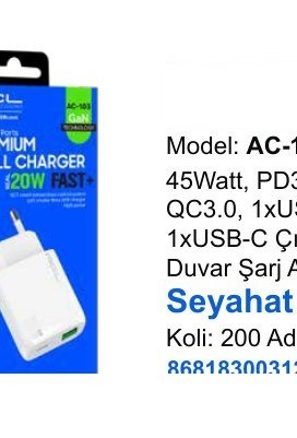 ACL AC-106 Seyahat ve Duvar Şarj Aletleri - 45Watt, PD3.0 + QC3.0, 1xUSB-A 1xUSB-C Çıkışlı Duvar Şarj Aleti Seyahat Şarj