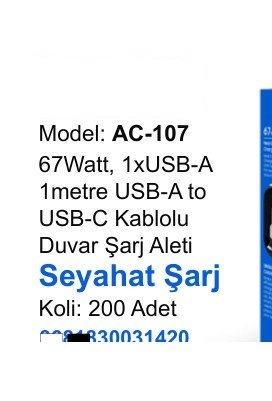 ACL AC-107 Seyahat ve Duvar Şarj Aletleri - 67Watt, 1xUSB-A 1metre USB-A to USB-C Kablolu Duvar Şarj Aleti Seyahat Şarj