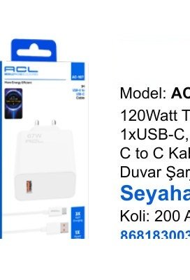 ACL AC-108 Seyahat ve Duvar Şarj Aletleri - 120Watt Turbo 1xUSB-C, 1metre C to C Kablolu Duvar Şarj Aleti Seyahat Şarj
