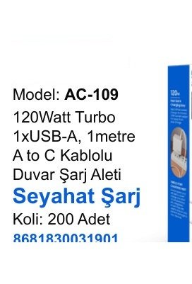 ACL AC-109 Seyahat ve Duvar Şarj Aletleri - 120Watt Turbo 1xUSB-A, 1metre A to C Kablolu Duvar Şarj Aleti Seyahat Şarj