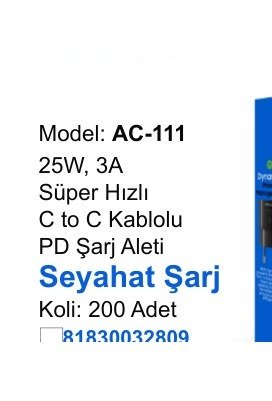 ACL AC-111 Seyahat ve Duvar Şarj Aletleri - 25W, 3A Süper Hızlı C to C Kablolu PD Şarj Aleti Seyahat Şarj