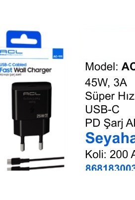 ACL AC-112 Seyahat ve Duvar Şarj Aletleri - 45W, 3A Süper Hızlı USB-C PD Şarj Aleti Seyahat Şarj