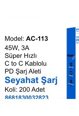ACL AC-113 Seyahat ve Duvar Şarj Aletleri - 45W, 3A Süper Hızlı C to C Kablolu PD Şarj Aleti Seyahat Şarj