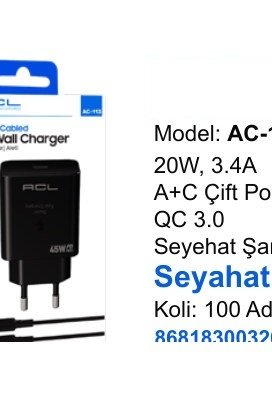 ACL AC-114 Seyahat ve Duvar Şarj Aletleri - 20W, 3.4A A+C Çift Portlu QC 3.0 Seyehat Şarj Adaptörü Seyahat Şarj