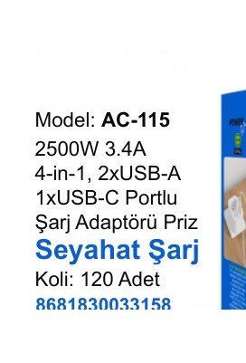 ACL AC-115 Seyahat ve Duvar Şarj Aletleri - 2500W 3.4A 4-in-1, 2xUSB-A 1xUSB-C Portlu Şarj Adaptörü Priz Seyahat Şarj