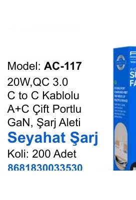 ACL AC-117 Seyahat ve Duvar Şarj Aletleri - 20W,QC 3.0 C to C Kablolu A+C Çift Portlu GaN, Şarj Aleti Seyahat Şarj