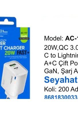 ACL AC-118 Seyahat ve Duvar Şarj Aletleri - 20W,QC 3.0 C to Lightning Kablolu A+C Çift Portlu GaN, Şarj Aleti Seyahat Şarj