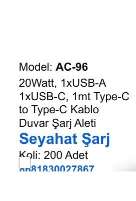 ACL AC-96 Seyahat ve Duvar Şarj Aletleri - 20Watt, 1xUSB-A 1xUSB-C, 1mt Type-C to Type-C Kablo Duvar Şarj Aleti Seyahat Şarj