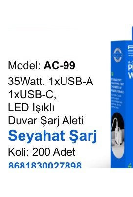 ACL AC-99 Seyahat ve Duvar Şarj Aletleri - 35Watt, 1xUSB-A 1xUSB-C, LED Işıklı Duvar Şarj Aleti Seyahat Şarj