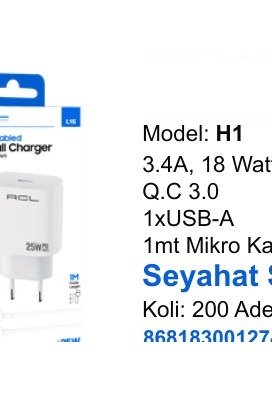 ACL H1 Seyahat ve Duvar Şarj Aletleri - 3.4A, 18 Watt Q.C 3.0 1xUSB-A 1mt Mikro Kablolu Seyahat Şarj