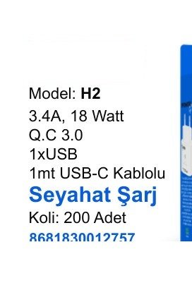 ACL H2 Seyahat ve Duvar Şarj Aletleri - 3.4A, 18 Watt Q.C 3.0 1xUSB 1mt USB-C Kablolu Seyahat Şarj