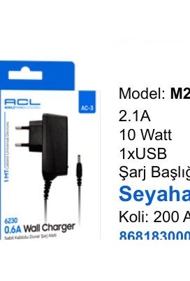 ACL M2 Seyahat ve Duvar Şarj Aletleri - 2.1A 10 Watt 1xUSB Şarj Başlığı Seyahat Şarj