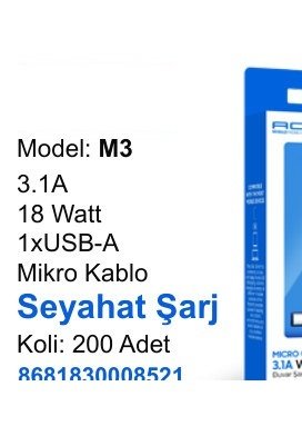 ACL M3 Seyahat ve Duvar Şarj Aletleri - 3.1A 18 Watt 1xUSB-A Mikro Kablo Seyahat Şarj