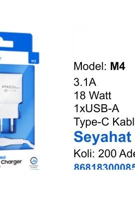 ACL M4 Seyahat ve Duvar Şarj Aletleri - 3.1A 18 Watt 1xUSB-A Type-C Kablo Seyahat Şarj