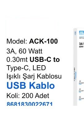 ACL ACK-100 Şarj Kabloları - 3A, 60 Watt 0.30mt USB-C to Type-C, LED Işıklı Şarj Kablosu USB Kablo
