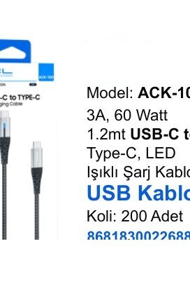 ACL ACK-101 Şarj Kabloları - 3A, 60 Watt 1.2mt USB-C to Type-C, LED Işıklı Şarj Kablosu USB Kablo