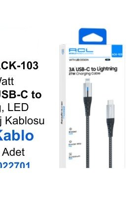 ACL ACK-103 Şarj Kabloları - 3A, 27 Watt 0.30mt USB-C to Lightning, LED Işıklı Şarj Kablosu