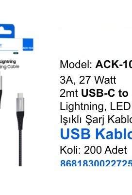 ACL ACK-105 Şarj Kabloları - 3A, 27 Watt 2mt USB-C to Lightning, LED Işıklı Şarj Kablosu USB Kablo