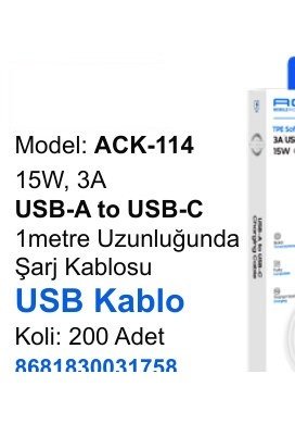 ACL ACK-114 Şarj Kabloları - 15W, 3A USB-A to USB-C 1metre Uzunluğunda USB Kablo