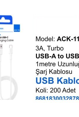 ACL ACK-115 Şarj Kabloları - 3A, Turbo USB-A to USB-C 1metre Uzunluğunda USB Kablo