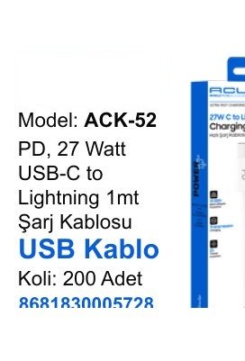 ACL ACK-52 Şarj Kabloları - PD, 27 Watt USB-C to Lightning 1mt USB Kablo