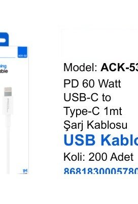 ACL ACK-53 Şarj Kabloları - PD 60 Watt USB-C to Type-C 1mt USB Kablo