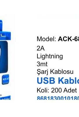 ACL ACK-68 Şarj Kabloları - 2A Lightning 3mt USB Kablo