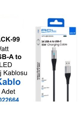 ACL ACK-99 Şarj Kabloları - 3A, 15 Watt 1.2mt USB-A to Type-C, LED Işıklı Şarj Kablosu