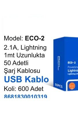 ACL ECO-2 Şarj Kabloları - 2.1A, Lightning 1mt Uzunlukta 50 Adetli USB Kablo