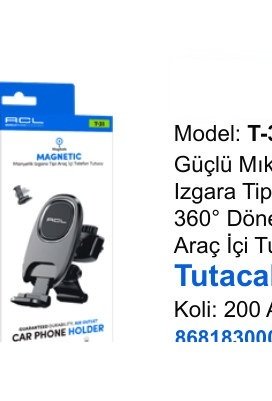 ACL T-34 Telefon Tutucular - Güçlü Mıknatıslı Izgara Tipi 360° Dönebilen Araç İçi Tutacak Tutacak