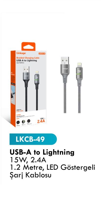 LINKAGE LKCB-49 Şarj Kabloları - USB-A to Lightning 15W, 2.4A 1.2 Metre, LED Göstergeli