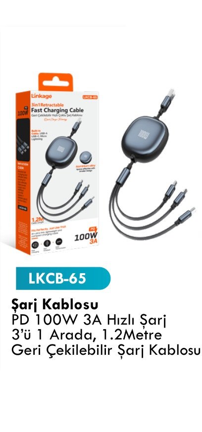 LINKAGE LKCB-65 Şarj Kabloları - PD 100W 3A Hızlı Şarj 3’ü 1 Arada, 1.2Metre Geri Çekilebilir Şarj Kablosu